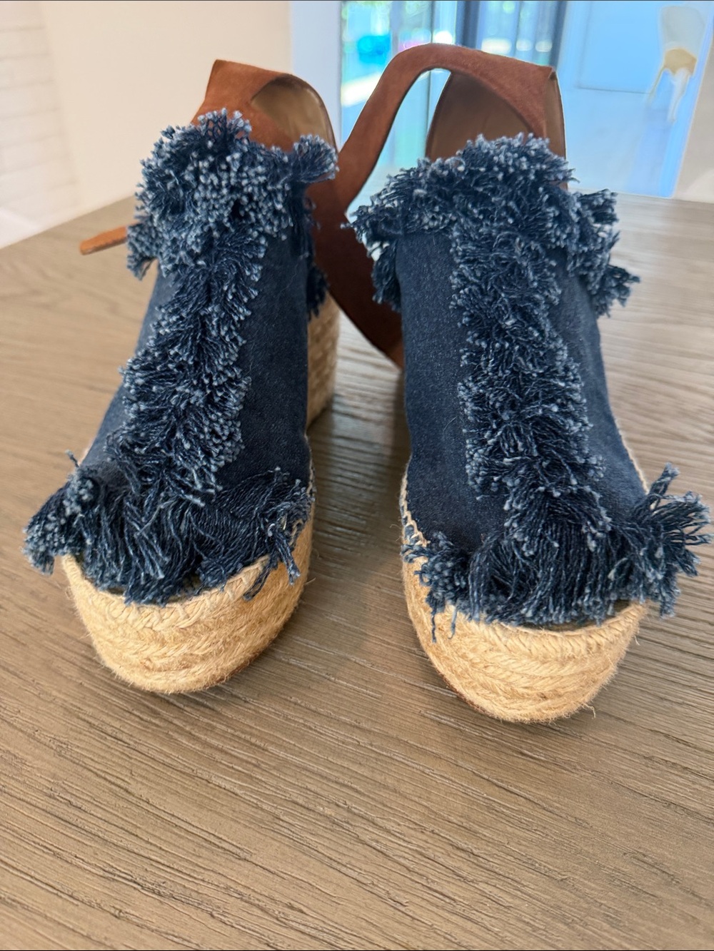 Chloe Navy Fringed Espadrille Wedge Sandals